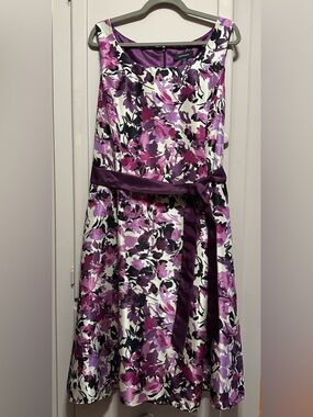 R&M Richards Cream Floral Dress with Purple Accents